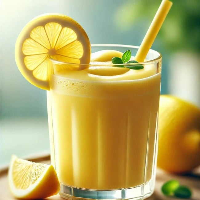 Smoothie Banane Citron et Gingembre | Boisson Rafraîchissante et Énergisante 3 A realistic close up of a glass filled with a vibrant yellow smoothie garnished with fresh lemon slices on the rim compressed 1