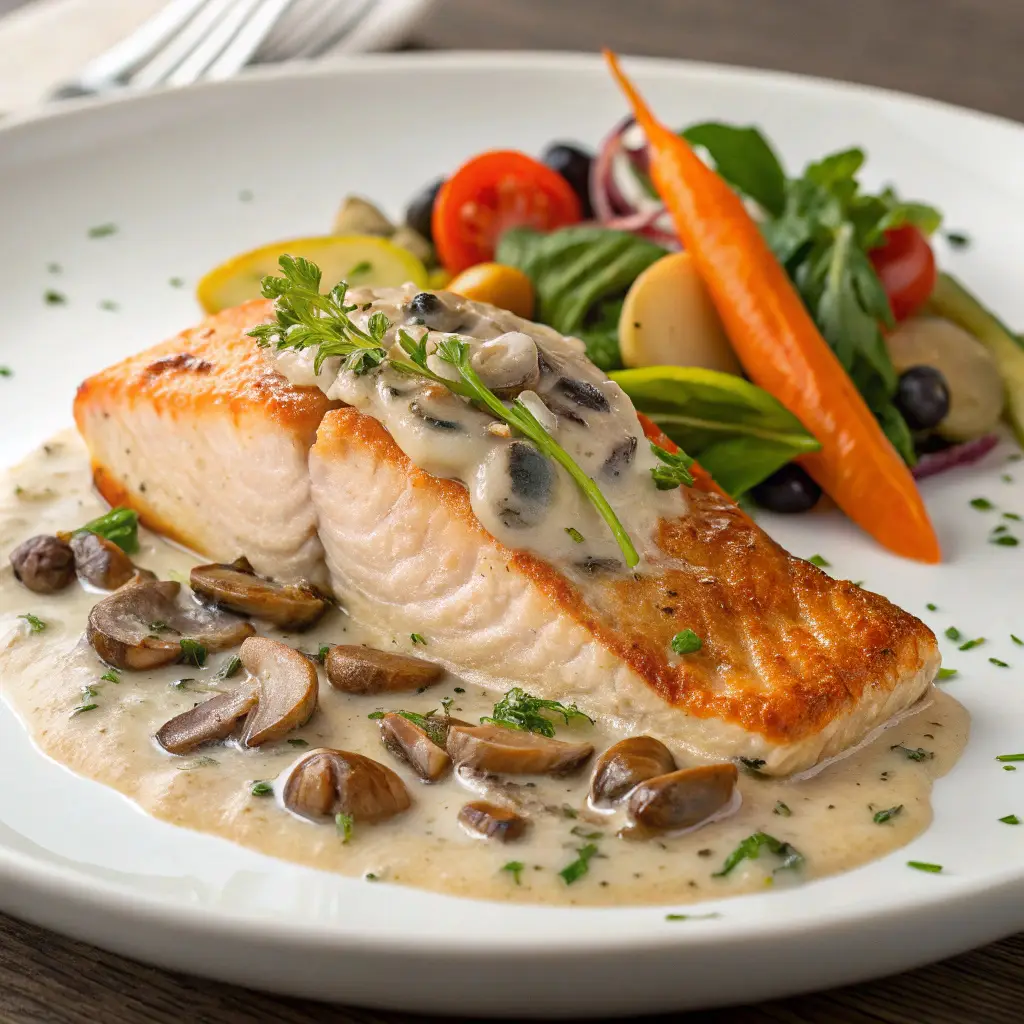 Filet de poisson sauce champignons (comme le Saumon) avec une Sauce aux Champignons Délicieuse 1 Filet de poisson sauce champignons servi chaud
