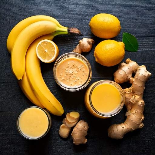 Smoothie Banane Citron et Gingembre | Boisson Rafraîchissante et Énergisante 2 Ingredients du smoothie banane citron gingembre disposes sur une table