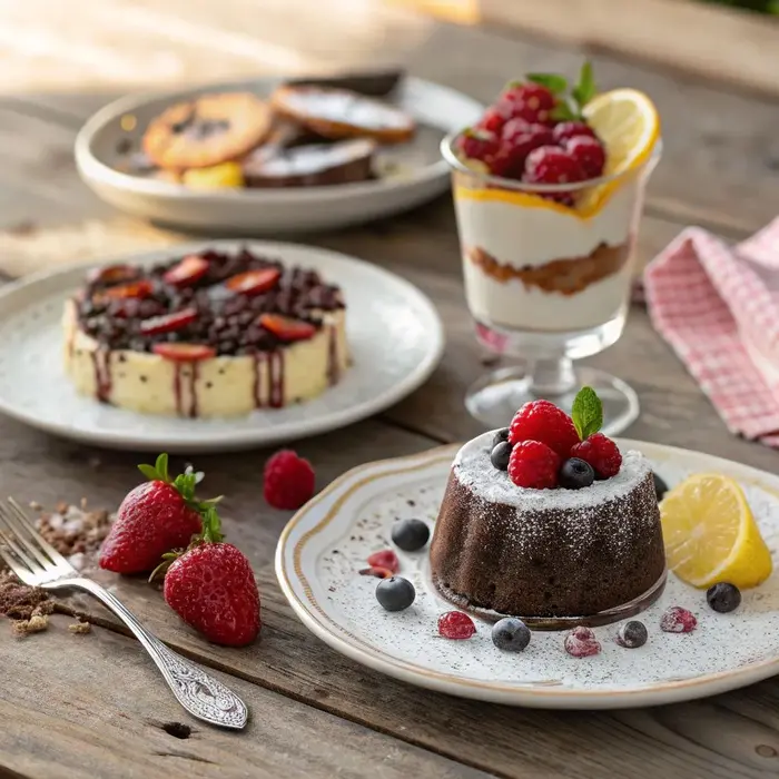 10 idées de desserts qui raviront les gourmands 1 Assortiment de desserts gourmands incluant fondant au chocolat, cheesecake au citron, pavlova et tiramisu.