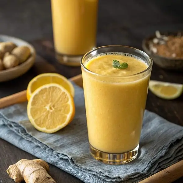Smoothie Banane Citron et Gingembre | Boisson Rafraîchissante et Énergisante 3 Verre de smoothie avec une paille et des tranches de citron en décoration