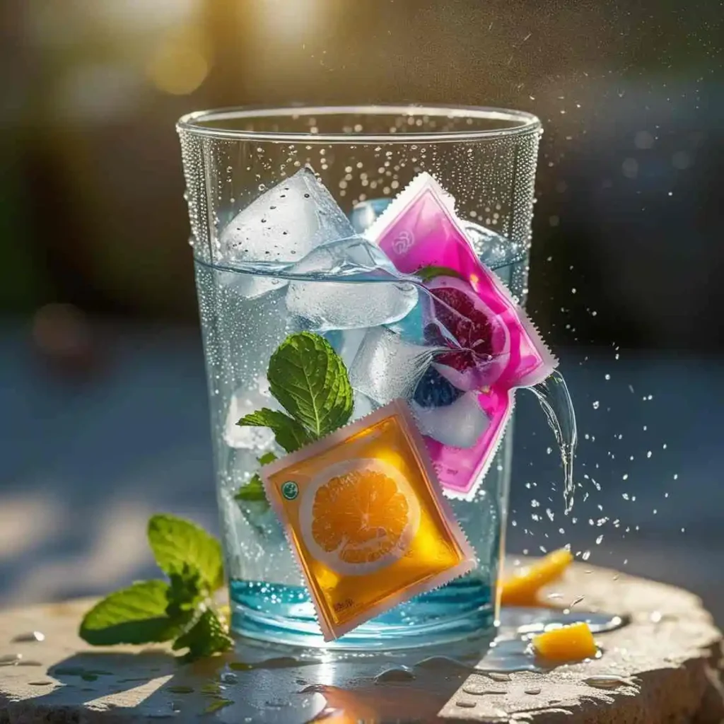 Boisson glacée "Pure Life" en sachet – version fruitée naturelle 3 Frozen fruit water sachets being opened and served in a tall glass with ice cubes. Condensation visible on the sachet. Summery and refreshing atmosphere. Natural outdoor light.