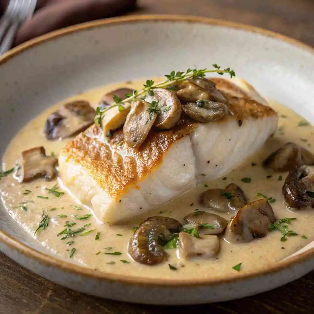 filet de poisson à la sauce champignons en gros plan