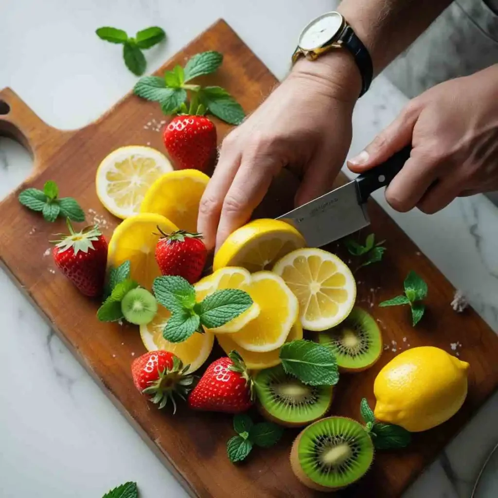 Boisson glacée "Pure Life" en sachet – version fruitée naturelle 2 Top-down view of fresh fruit slices being prepared: strawberries, lemon, kiwi, and mint on a wooden cutting board. Chef’s hands slicing lemon. Clean, minimal kitchen background. Bright lighting.