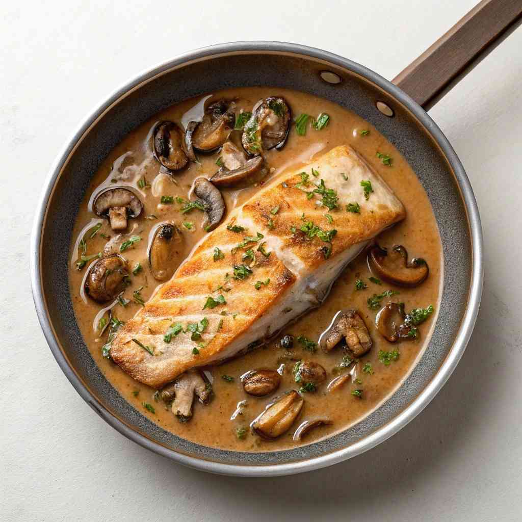 Filet de poisson à la sauce champignons – Le meilleur plat facile 3 poisson en cuisson dans une po le avec sauce champ compressed