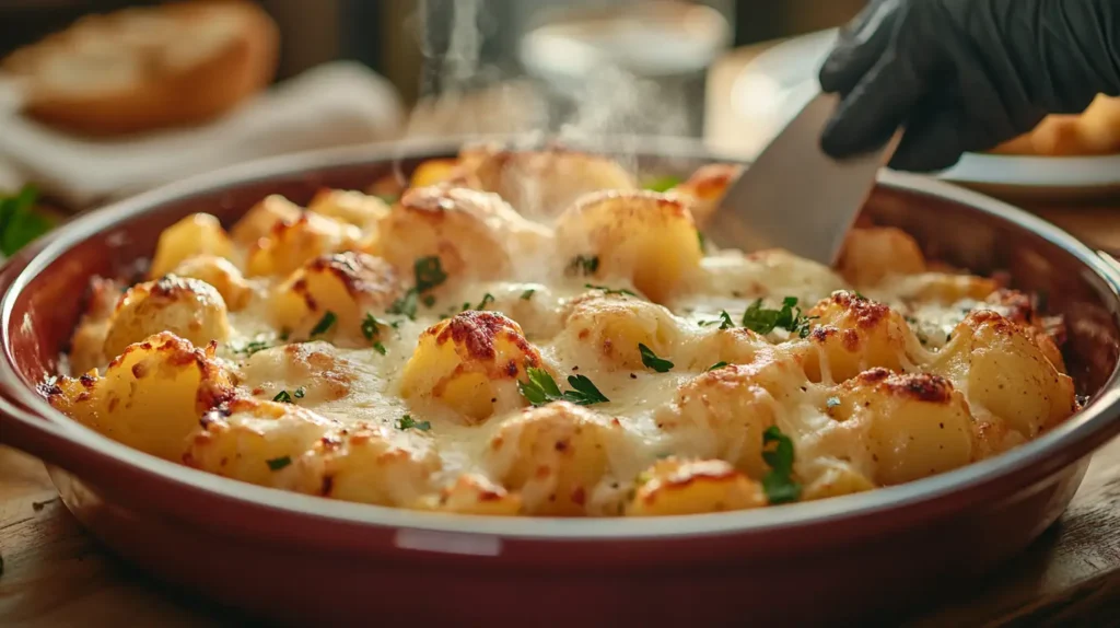 Garlic Parmesan Roasted Potatoes Close up of golden crispy garlic parmesan potatoes with fresh parsley and steam - Samply Eats
