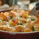 Golden crispy garlic parmesan potatoes served on a white plate with a spatula - Samply Eats