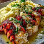Garlic Butter Lobster Tails with Creamy Mashed Potatoes on a white plate