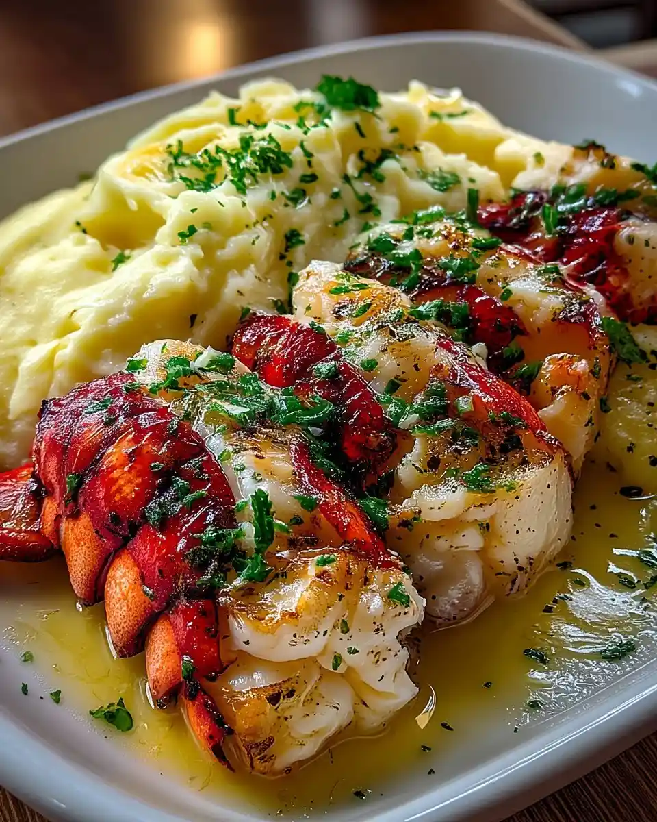 Garlic Butter Lobster Tails with Creamy Mashed Potatoes on a white plate